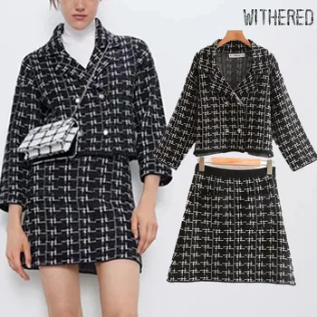 

Withered england style elegant Wire thread knitting double breasted blazer feminino blazer mujer 2019 women blazers and jackets