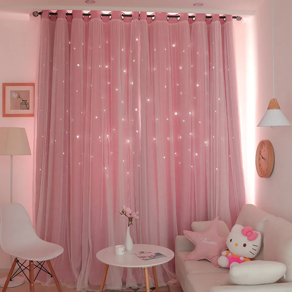 Double Layer Stars Blackout Curtains Pink Tull For Kids Room Sheer Curtains for Living Room Girl