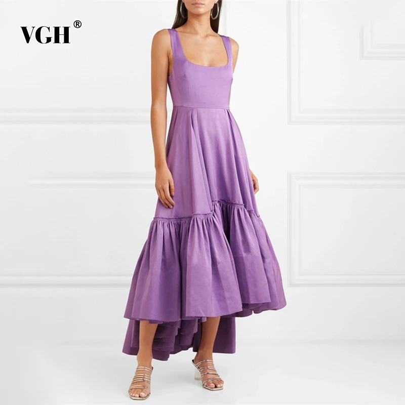 

VGH Summer Strap Female Dresses Sleeveless Off Shoulder Loose Ankle-length Hem Asymmetrical Dress Women Fashion New 2019 Casual