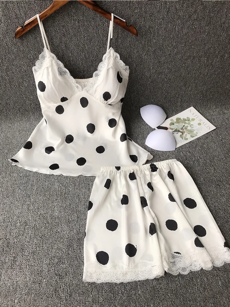 Polka Dot Spaghetti Strap Pajamas for Women Silk Night Suits Satin Pyjamas Women Sexy Pijama with Chest Pad Lingerie Sleepwear