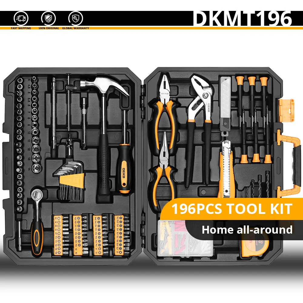 Набор ручных инструментов DEKO, универсальный набор ручных инструментов для домашнего ремонта с пластиковым ящиком для инструментов, чехол для хранения, торцевой ключ, отвертка, нож - Цвет: DKMT196
