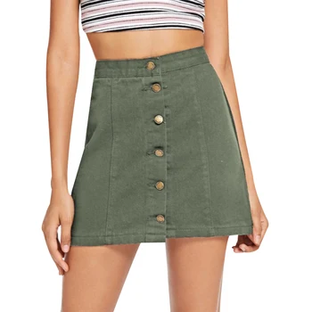

Army Green High Waist Skirts Womens A-Line Buttons Denim Mini Skirt Girls Fashion Jean Skirts Streetwear 2020 New jupe femme D30