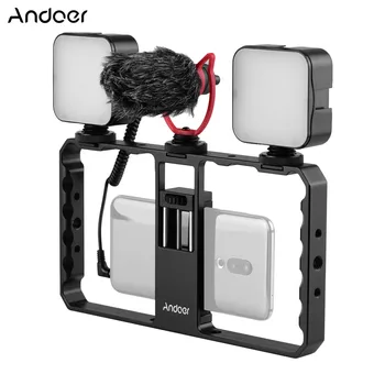 

Andoer Smartphone Video Rig Grip with Rig Dual LED Light Microphone Shock Mount for Vlog Film-making for iPhone Samsung HUAWEI
