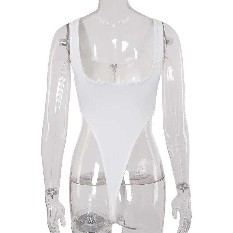 Shestyle High Waist Sexy Zipper Sexy Bodysuit Low Cut Square Neck White Blue Tank Camis Solid Textured Buttoned Body for Women