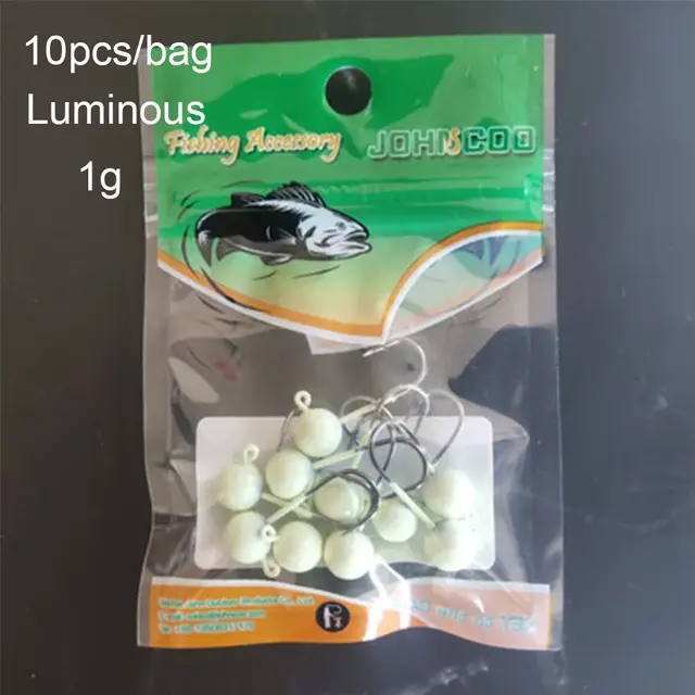 10pcs Luminous Rockfish Hook  Fishing Jigging Bait Lead Head Hook Round Head Barb Perforated Hook 1g 15g 2g 3g 5g 7g Luminous  - 1g