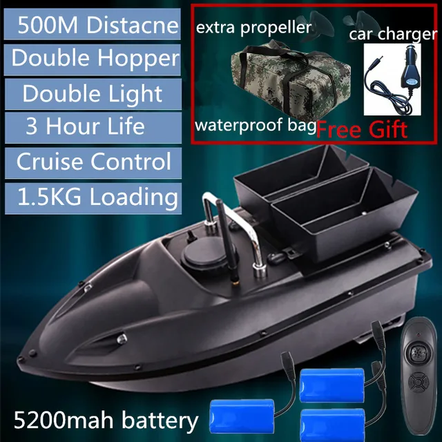 180minis life 500m Distance Double Hopper RC Fishing Bait boat With 3pcs 5200mah boat battery free car charger waterproof bag to 1