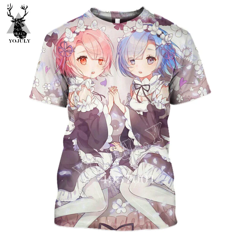 YOJULY аниме Re: zero две сестры горничной Ram and Rem футболка с 3D принтом Мужские повседневные футболки летняя одежда унисекс с короткими рукавами Y334