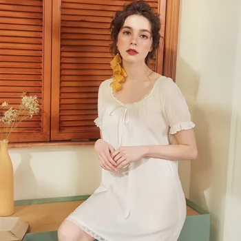 

Summmer Cotton Short Sleeve Women Sleeping Dress Bow Lace O-neck Nightgown Ladies Girl Casual Loose Soft Sleepwear 2020 New