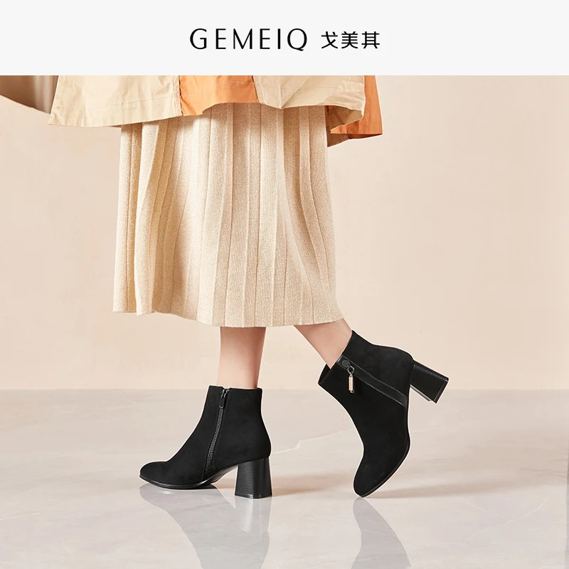 

GEMEIQ Women's Boots Winter New Product Side Zipper Warm Short Boot Woman British Breeze High Heeled Women's Shoe