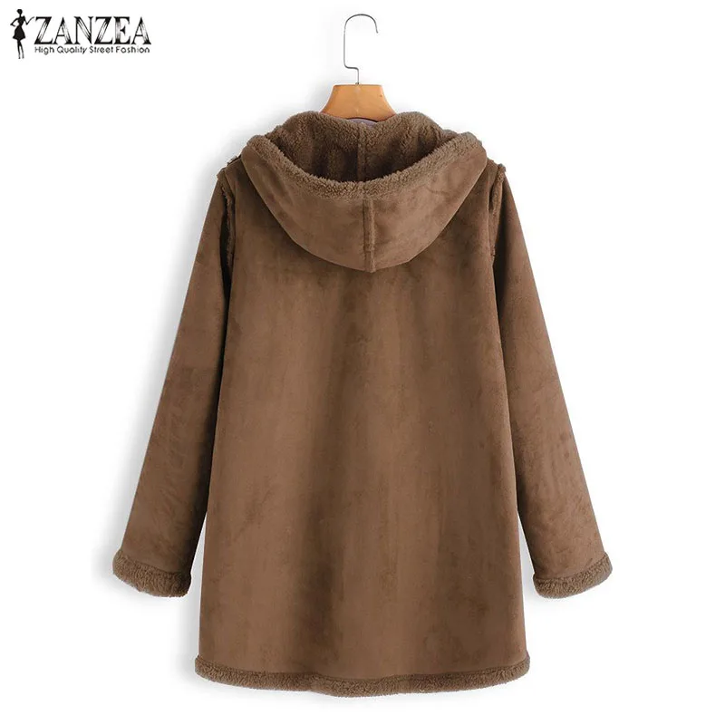awesome  2019 Winter Solid Zipper Outerwear ZANZEA Hooded Fur Fluffy Warm Coats Autumn Women Casual Long Sle