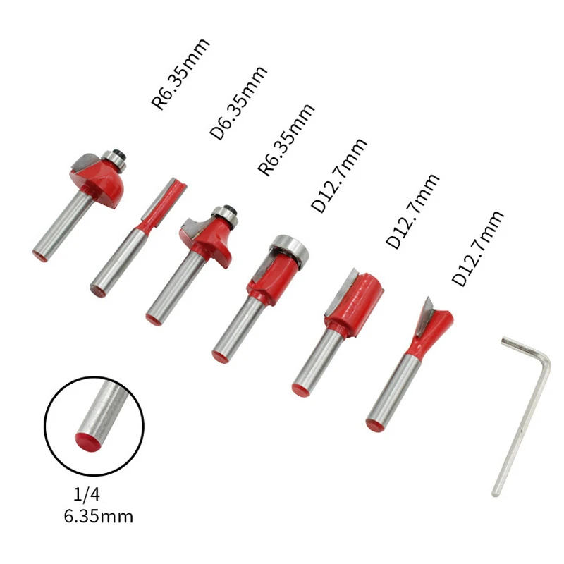 LAMEZIA 6pcs 6.35mm Shank Tungsten Carbide Tipped Milling Cutter Wood Router Bit Set Bearing Woodworking Tool Box