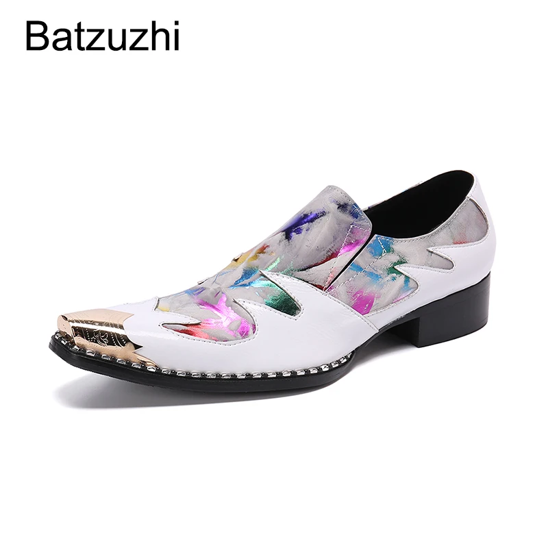 Batzuzhi New Fashion Men's Shoes Pointed Iron Toe Genuine Leather Dress Shoes Men Slip on White Party & Wedding Sepatu Pria