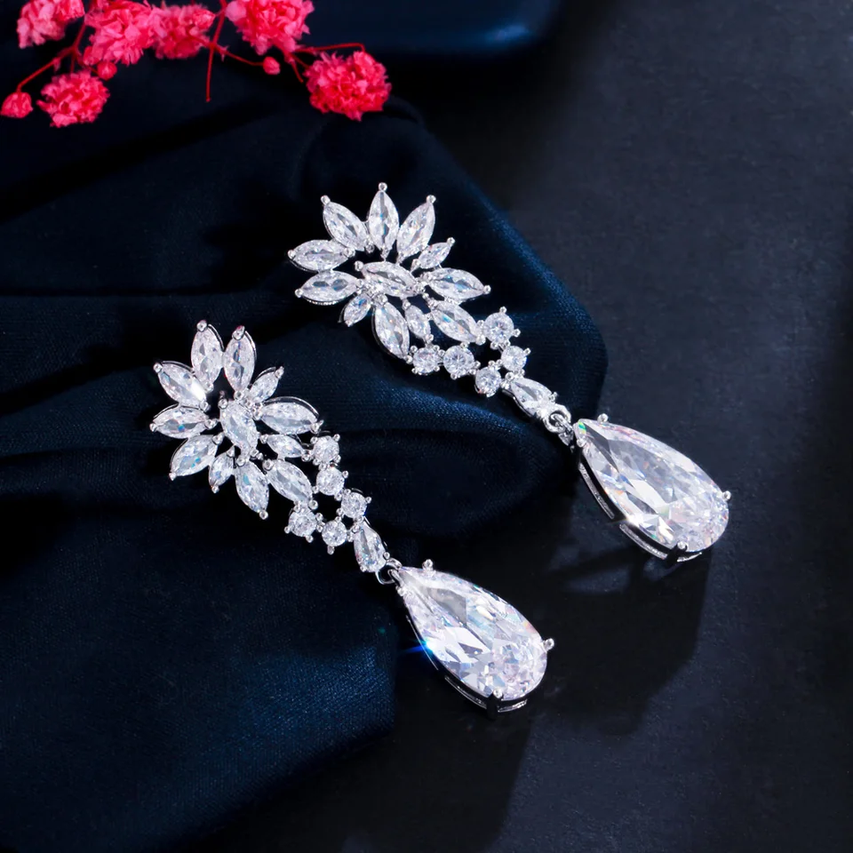 Pearl Cubic Zirconia Earrings,Drop Dangle Suds For Bride & Bridesmaids