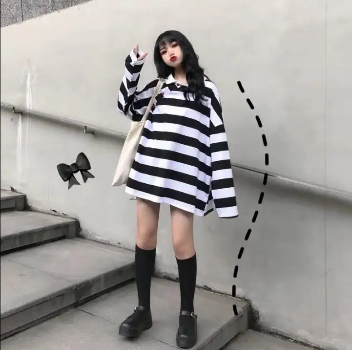 Черный Женские толстовки в Корейском стиле Ins Chic Ulzzang, свободная толстовка в полоску для колледжа, Женский винтажный милый Свитшот Kawaii для женщин - Цвет: Черный