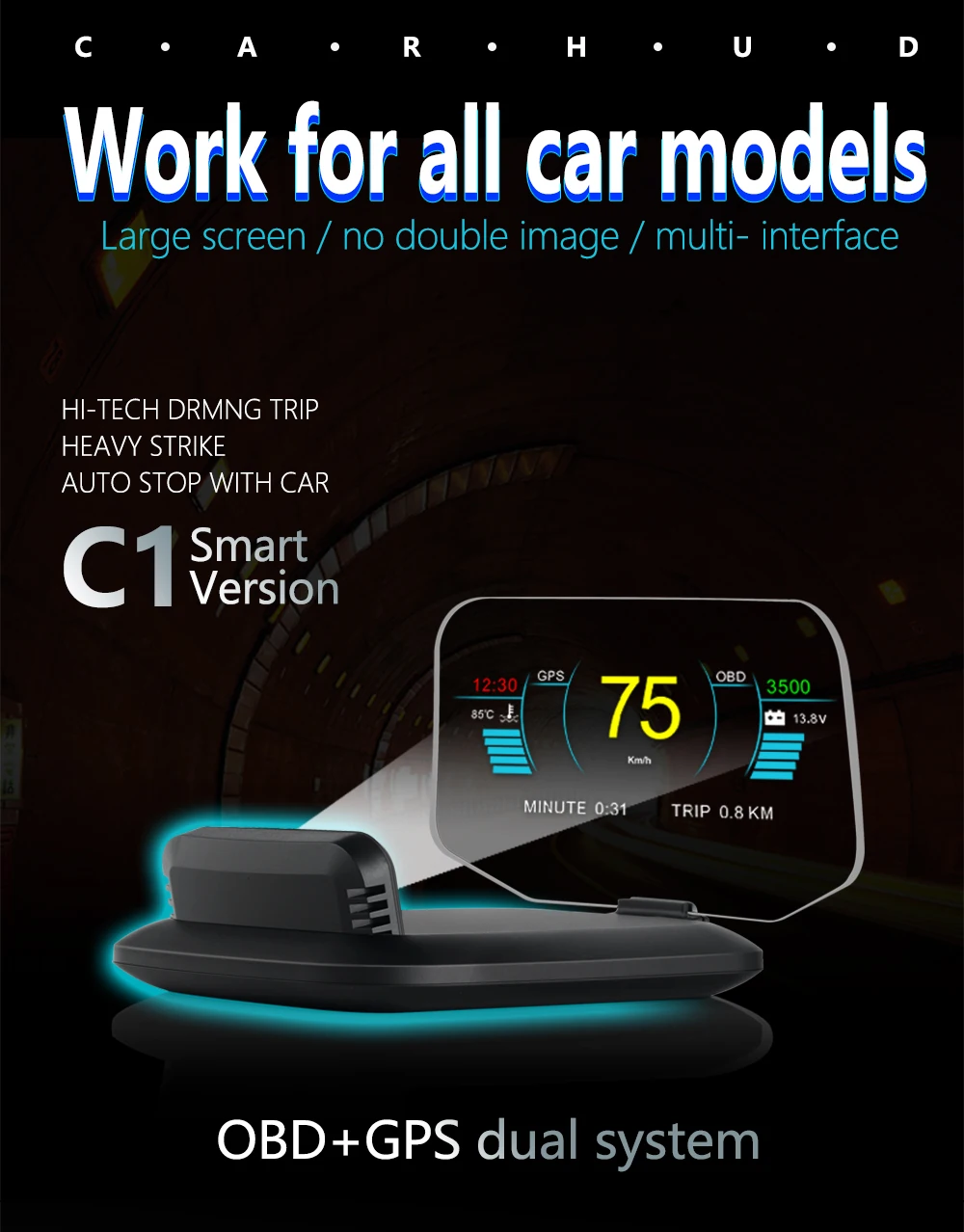 

Newest Universal C1 OBDII 2 +GPS Dual Mode Auto Car HUD Head Up Display Speedometers Overspeed Warning Project HUD for All Cars