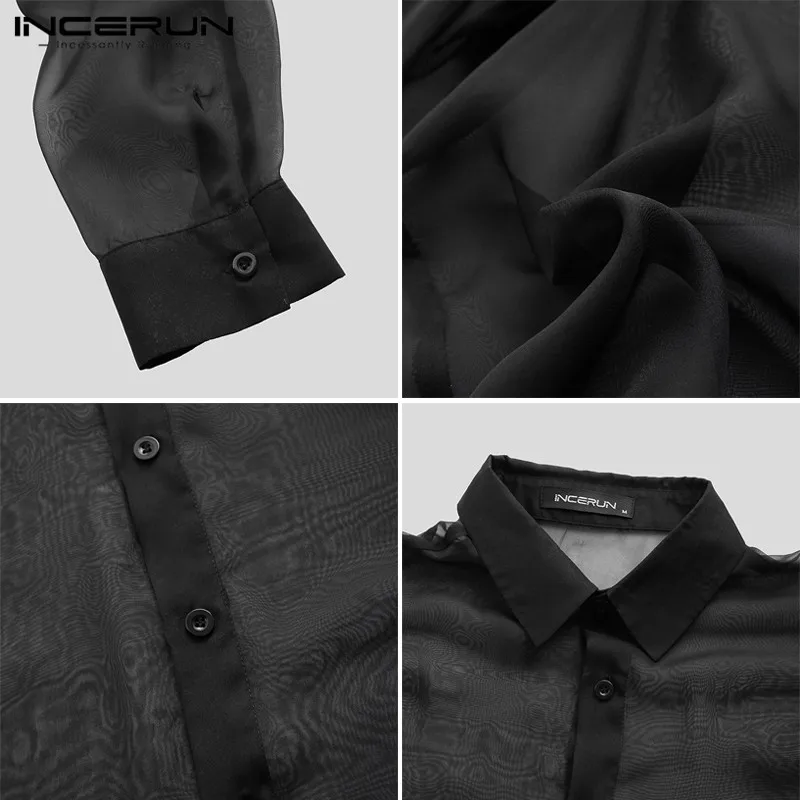 INCERUN Men Solid Color Long Sleeve Lapel Shirt Fashion Breathable Thin Button Mens Clubwear Party Casual Sexy Blouse Streetwear