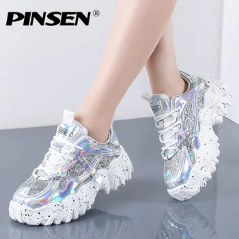 

PINSEN Chunky Sneakers Fashion 2020 Bling White Platform Shoes Woman Sneakers High Quality Zapatillas Mujer Ladies Casual Shoes