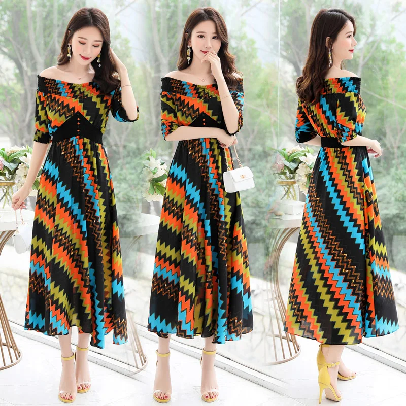 

2019 Summer Short-sleeved Mid-length Sen nv dan jian Orange Red Red Pullover Medium Waist V-neck Sweet