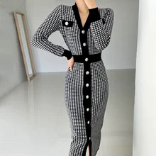 

One Piece Dress Korean Chic Temperament V-neck Bird Design Slim Single Breasted Long Sleeve Knitted Dress Women