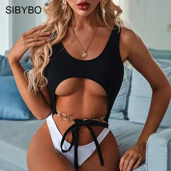 

SIBYBO Chain Sashes High Waist Swimwear Women One Piece Hollow Out Patchwork Women Swimsuit 2020 Push Up Beachwear Sexy Bodysuit