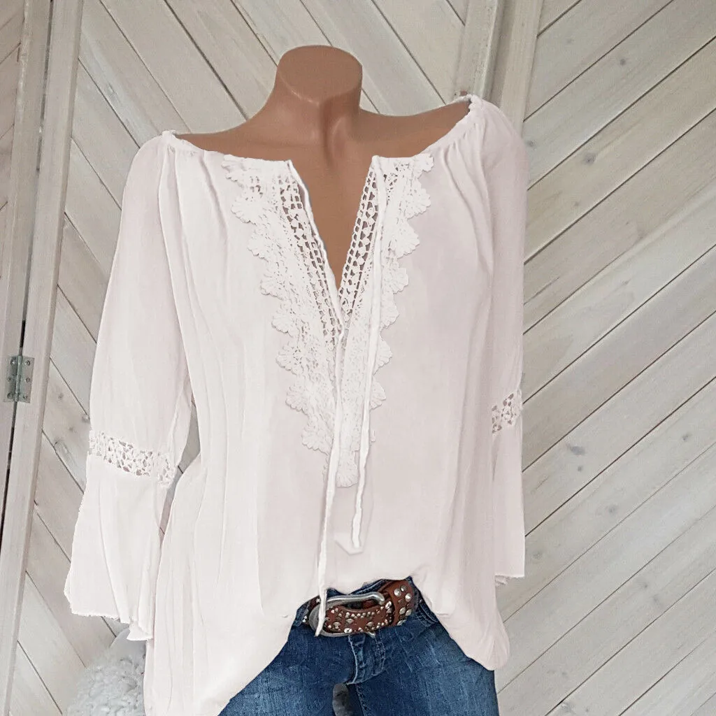 

Women Shirts Lace Solid Plus Size Long Sleeve V-Neck Splice Fashion Trend Elegant 5XL Vogue Summer Blouse Shirts 2019 Autumn
