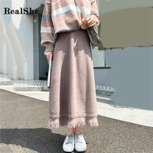 RealShe, длинные юбки, Женская юбка макси, высокая талия, одноцветная, с кисточками, Женская юбка, длинная, весенняя, повседневная, уличная, свободная, Jupe Femme