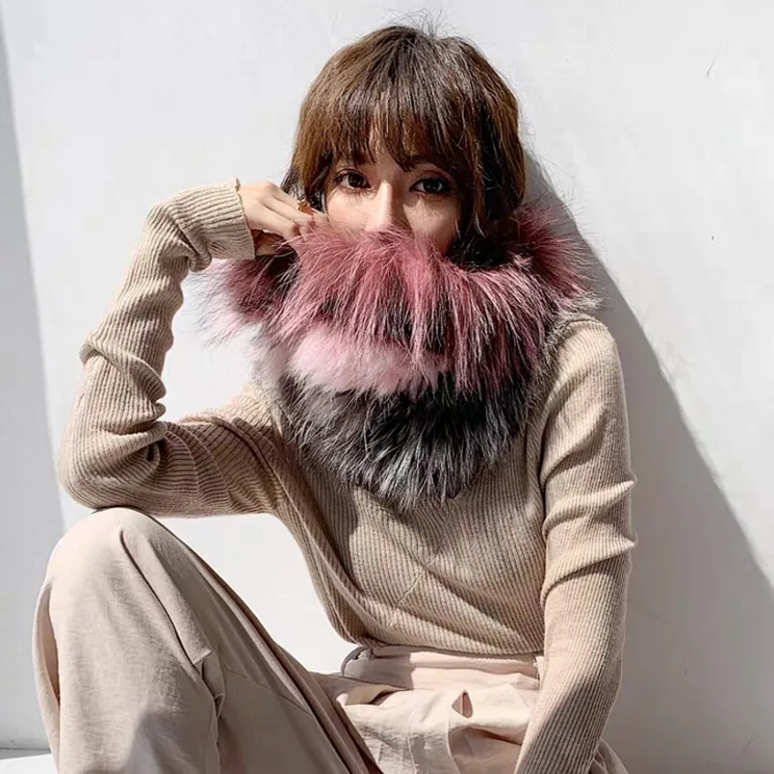 Quality female real fox fur scarf, pink and gray mixed round fur ring, temperamental fox fur shawl 22x70cm