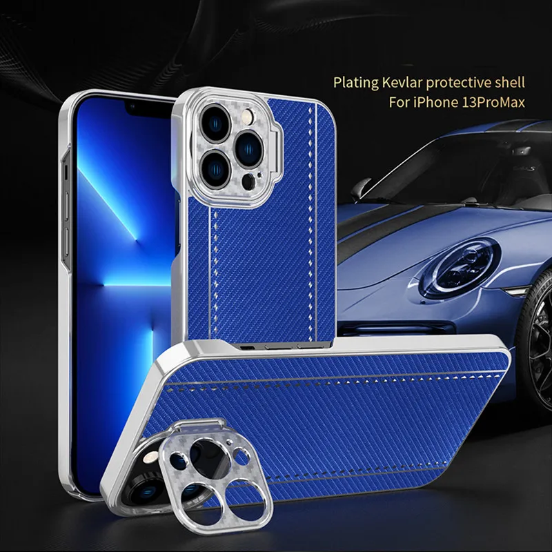 

Electroplated Glossy Bumper Case For iPhone 13 Pro Max 12 Carbon Fiber Texture Camera Hidden Holder Bracket Armor Back Cover