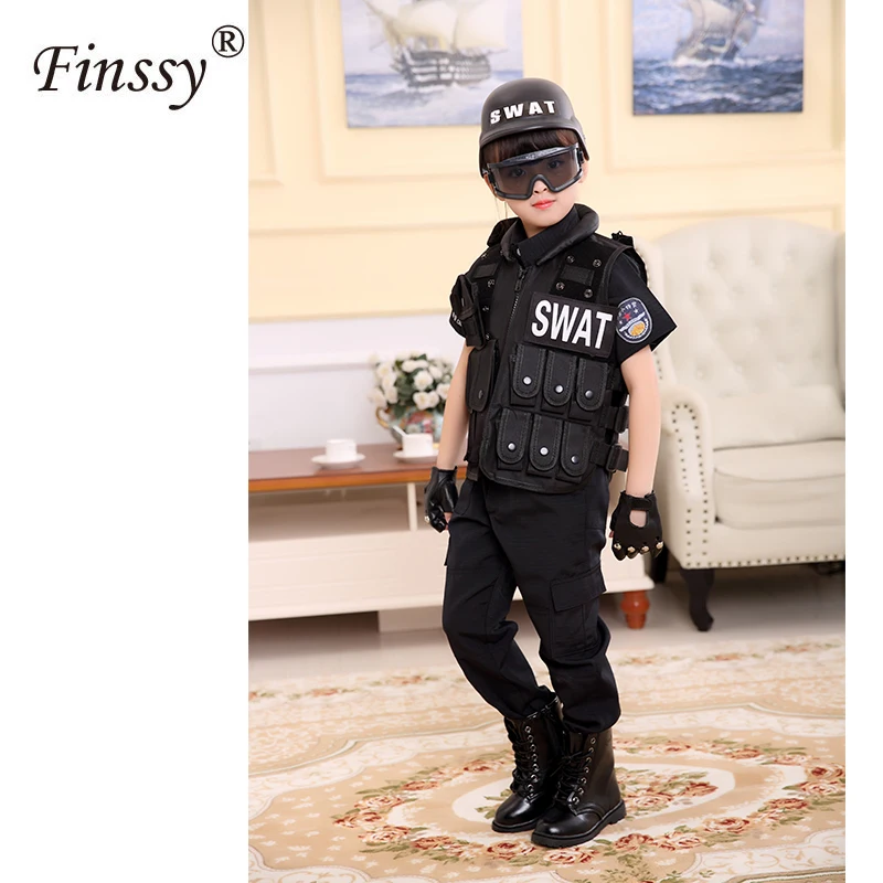 Günstig Jungen Mädchen Spezielle Polizei Kleidung Polizisten Uniform Kinder Geburtstag Weihnachten Geschenk Cosplay Kostüm Kinder SWAT Armee Leistung