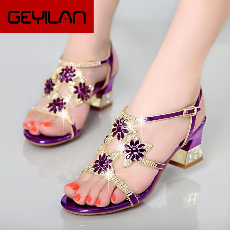 

2018 New Arrival Genuine Leather Bling Rhinestone Sweet Sandals For Women Crystal Med Heel Summer Shoes XMX-A0049