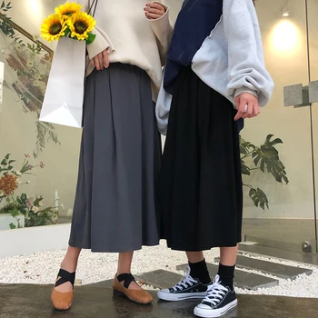 

Korean Vintage Solid A-Line Women Skirt Female Casual Mid-Calf High Waist Kawaii Skirts Summer Ladies Empire Cute Sweet Skirts