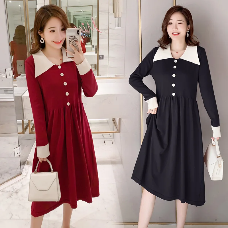 

Maternity Clothes Tops Mid-length Fashion Mom French Peter Pan Collar Retro Base Knitted Dress Nursing Maternity Clothes Dress