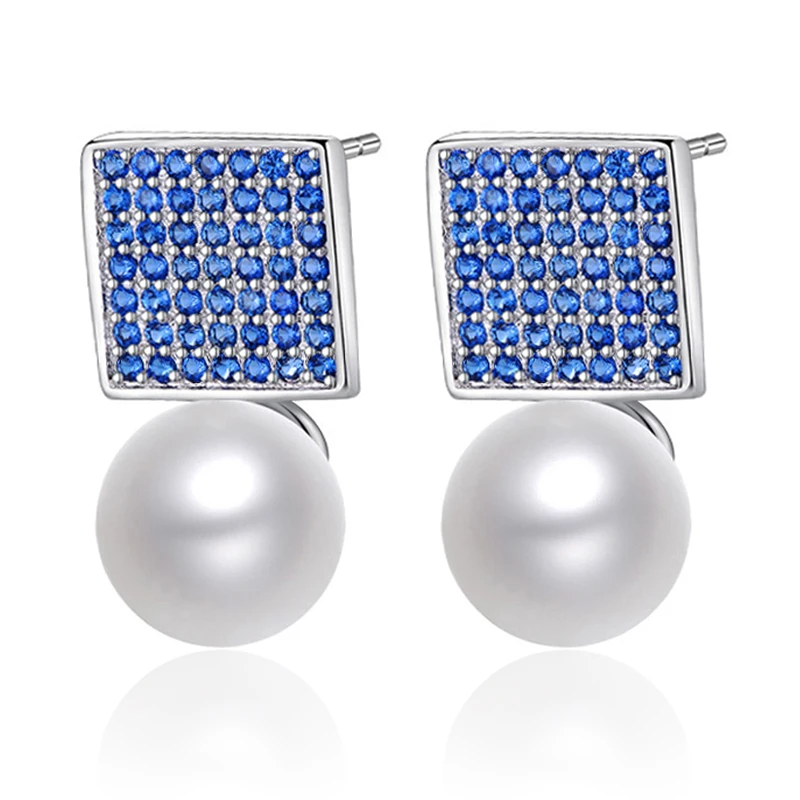 

MAIKALE Luxury Blue/Purple Zirconia Pearl Earrings Silver Color Square Stud Earrings with Pearl CZ for Women Jewelry Girls Gifts