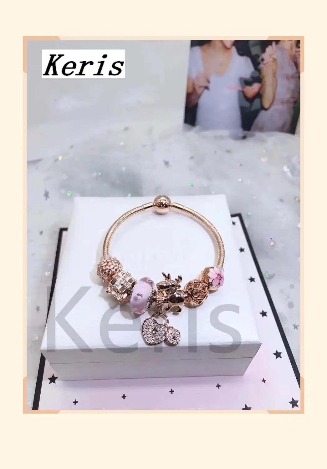 

Keris Store High Quality 1:1 100%925 Silver New Rose Gold Fawn Heart Print Beaded Bracelet Free Of Charge