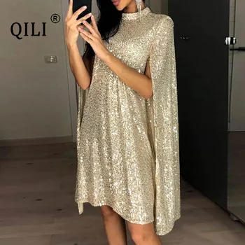 

QILI Elegang Sequined Dress Women Sprit Sleeve Loose Dress Casual Short Dress