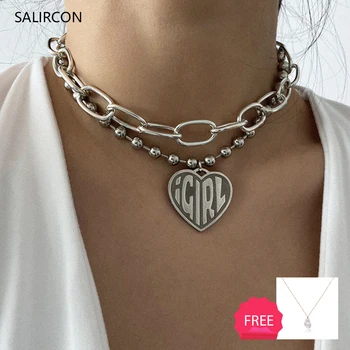 

Salircon Punk Letter IGIRL Choker Necklaces For Women Goth Silver Color Layered Chain Chunky Necklace With Heart Pendant Jewelry