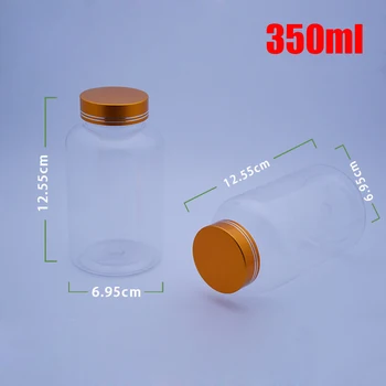 

100pcs 350ml Clear PET Plastic Empty Jar, Capsule Bottle, Powder Storage, Pills Container with Metal Golden Cap