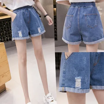 

5XL big size Women Blue Jeans Hot Shorts Fashion Low Waisted Washed Ripped Hole Short Mini Jeans Denim Shorts Female Bottoms