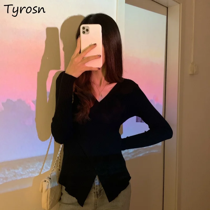 

Pullovers Women Irregular Design Korean Fashion Slimming Sweaters V-neck Chic Streetwear All-match Tender Female Spring Simple