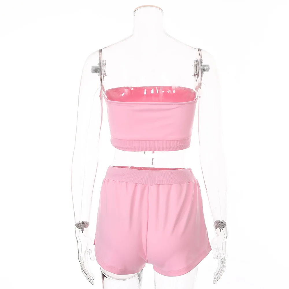 Summer 2 Piece Sets Women Bandage Drawstring Strapless Crop Top Short Pants Jogging Tracksuit Ladies Sport Set Hoodies Outfits