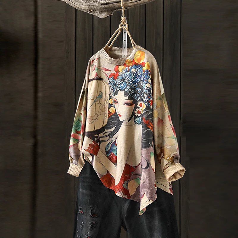 

Women Sweater 2019 Autumn Winter Printing Dyeing Loose Round Neck Female Art Literary Retro Wool Knitted Personality Lady Tops