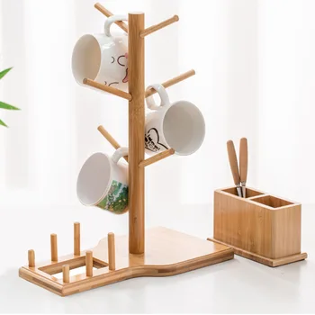 

Anti Slip Kitchen With Storage Box Dining Room Tree Shape Household Desktop Space Saving Bamboo Mug Rack 6 Hooks Coffee Tea Cup