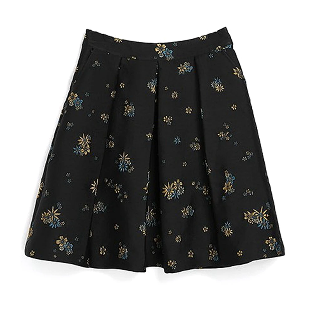

Gowani Autumn Summer Women Short Skirts Elegant Black Embroidery Jaquard Fold Pleated Floral Print Mini Skirt