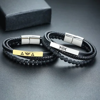 

Vnox Free Engraving Multi-layer Black Genuine Leather Bracelet Men Zelda Goddess Bible Custom Gift