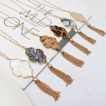 

Trendy Retro Geometric Abalone Shell Pendant Necklaces Leopard Snakeskin Leather Long Chain Pendant Sweater Chain Necklaces