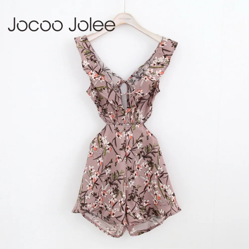 Jocoo Jolee Цветочные Спринт женские летние костюмы пляжного типа богемный стиль сексуальные женские комбинезоны с открытой спиной с v-образным вырезом и оборками новое поступление
