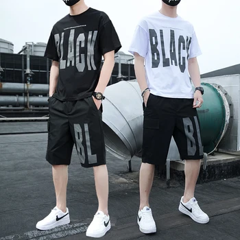 

Chandal Hombre New Men's 2020 Summer Creative Printing Short-sleeved T-shirt Set Men Shorts Suit Black White Pantaloni Tuta Uomo