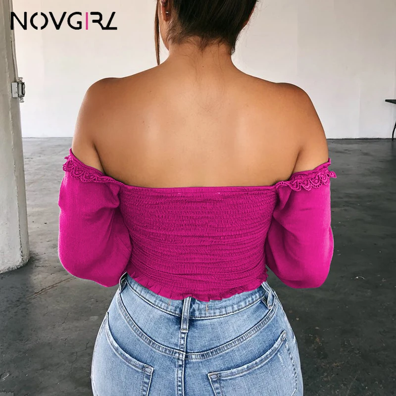 Novgirl, сексуальные женские футболки на шнуровке с открытыми плечами, осень, v-образный вырез, длинный рукав-фонарик, кружевные топы, Повседневная Уличная футболка