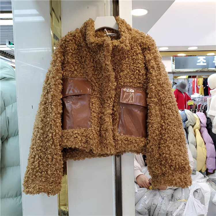 Lamb Fur Jacket Women Winter New Fashion Faux Coat Female Short Ladies Zipper Stand Collar | Женская одежда