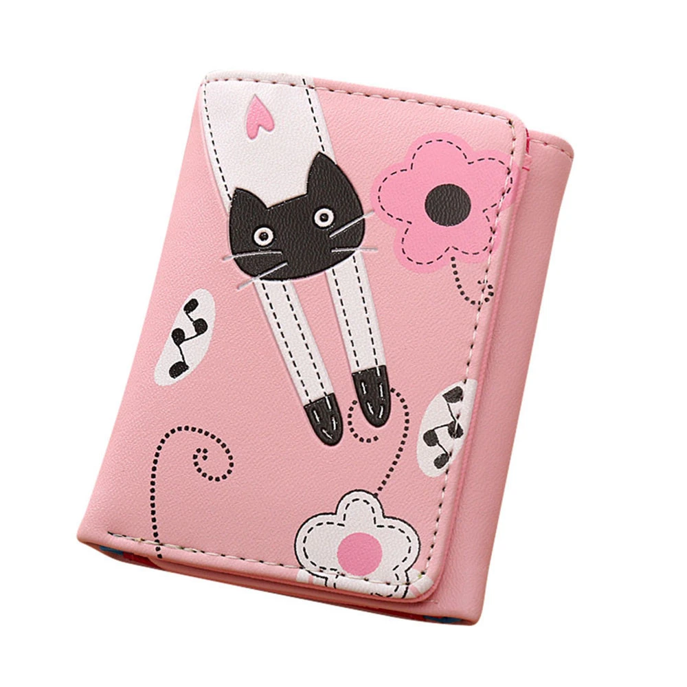 Fashion Charming Nice Women Short Wallet Cat Flowers Pattern Hasp Coin Purse Short Wallet Card Holders Handbag 815 - Цвет: PK